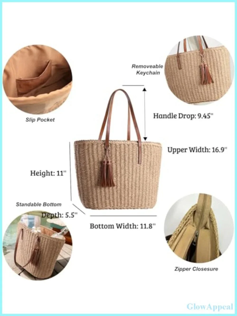 Woven Straw Travel Tote Bag for Women, Medium Sized Handmade Summer Shoulder Bag